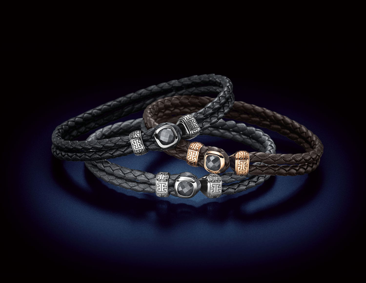 Drei MAGIOR Silver Obsidian Armbänder in Grau, Braun und Schwarz mit facettierten Obsidian-Steinen